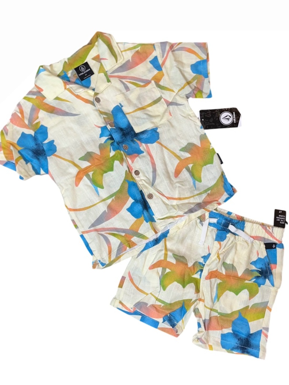 Volcom Yellow Blue Green Floral Palm Collar Button Shirt Shorts Set NWT 4T Linen